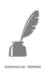 Quill in inkwell on white background