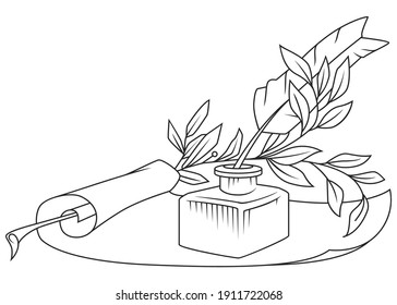 Quill, inkwell and parchment. Illustration concept for mobile website and internet development.