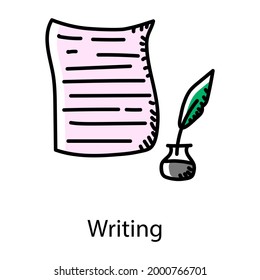 Quill with paper denoting hand drawn icon of quill writing 