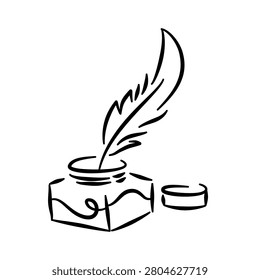 Quill pen dipping in inkwell jar handdrawn writing