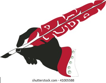 Quill pen in hand rendered in Northwest Coast Native style.