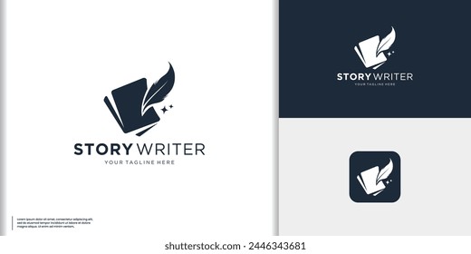 Quill pen icon with book logo design combination. Classic author Story writers logo vector illustration.