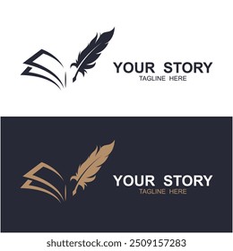 Quill pen icon with book logo design combination. this logo suitable as a business, personal or company logo related to writers, ideas, concepts, art, calligraphy, drawing