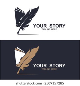 Quill pen icon with book logo design combination. this logo suitable as a business, personal or company logo related to writers, ideas, concepts, art, calligraphy, drawing