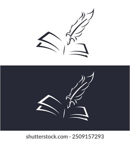 Quill pen icon with book logo design combination. this logo suitable as a business, personal or company logo related to writers, ideas, concepts, art, calligraphy, drawing