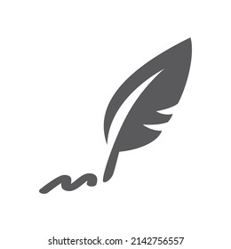 Quill pen and ink trail black vector icon. Feather and track filled symbol.