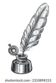 Quill pen und inkwell, schwarz-weiß, einzelne Skizze, Vektorgrafik