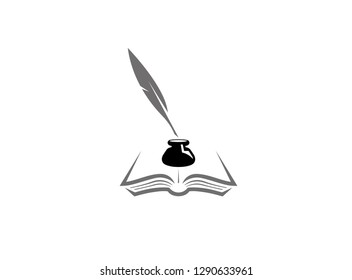 Quill pen inkwell logo ink in the papers on an open book abstract 