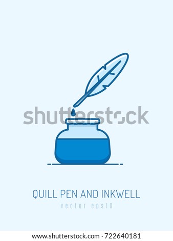 Quill pen and inkwell monoline flat icon vector illustration