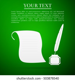 Quill Pen with inkwell and paper scroll flat icon on green background. Vector Illustration