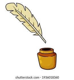 Quill Pen And Jar Of Ink. Vintage Feather. The Instrument Of Classical Poet. Cartoon Illustration