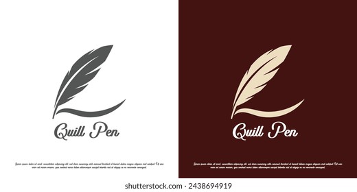 Quill pen logo icon. Silhouette of a feather notary author stationery pen ink. Illustration of a writer design symbol elegant simple luxury classic brand lettering writing story object.