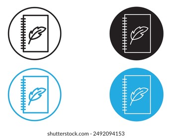 Quill pen and notebook page icon black and white vector outline sign