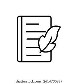 Quill pen and notebook page icon black and white vector sign