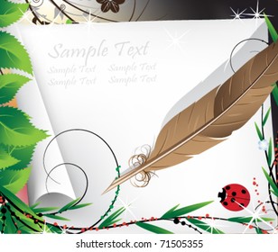 Quill pen and paper on the bright fairytale background