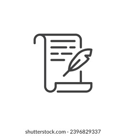 Icono de la línea de desplazamiento de papel y lápiz de cierre. signo de estilo lineal para concepto móvil y diseño web. Icono del vector de contorno de escritura de pluma. Símbolo de literatura, ilustración del logo. Gráficos vectoriales