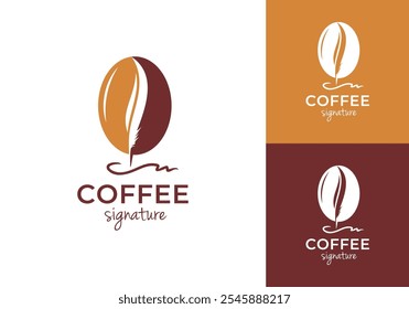 quill pen signature and coffee bean logo. drink, restaurant, cafe, feather ink, deal, symbol vector design