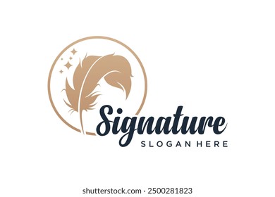 Quill pen signature logo design with golden color