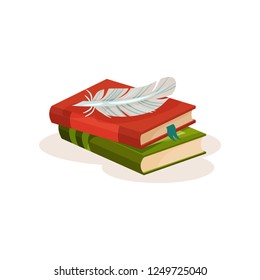 Quill pen and stack of books, symbols of retro writing vector Illustration on a white background