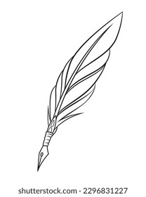 A quill pen takes notes on paper. antique writing pen.