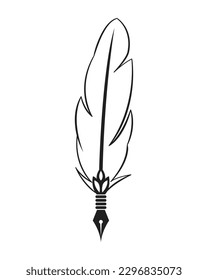 A quill pen takes notes on paper. antique writing pen.