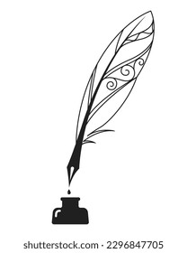 A quill pen takes notes on paper. antique writing pen.