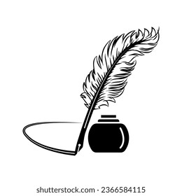 quill pen vector icon design. Inkwell with feather. Vintage writing utensils in cartoon style.