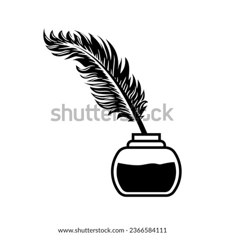 quill pen vector icon design. Inkwell with feather. Vintage writing utensils in cartoon style.