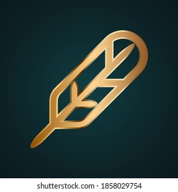 Quill pen vector icon. Gold metal with dark background