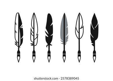 Quill Pen Vector Icons | Feather Writing Symbols on White Background