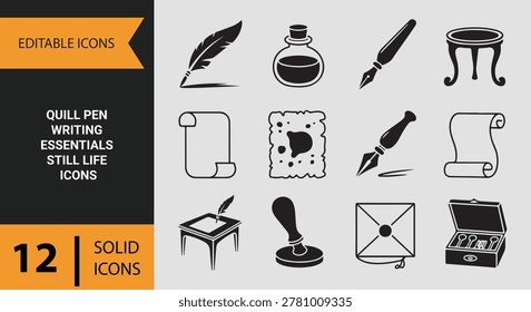 Quill pen writing essentials still life icon set featuring feather pens, ink bottles, and traditional writing accessories ideal for literature branding, education themes, and creative storytelling