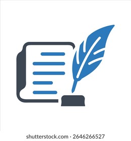 Quill pen writing on book icon. Poetry solid icon