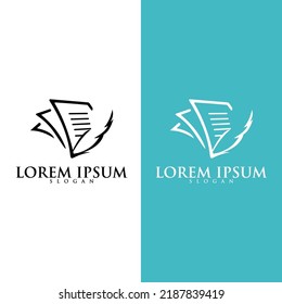Quill pen writing in the papers on an open book logo. education logo icon design. suitable for company logo, print, digital, icon, apps, and other marketing material purpose. education logo set.