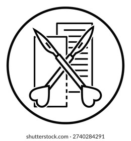 Quill pens crossed over document in circle icon symbol icon