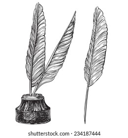 Quill Pens And Inkwell. Vector Set Of Retro Inkwell And Quill Feathers At Engraving Style.  