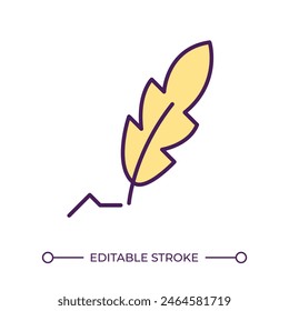 Quill RGB color icon. Old-fashioned writing instrument. Calligraphy symbol. Sign paper. Handwriting with plume. Isolated vector illustration. Simple filled line drawing. Editable stroke