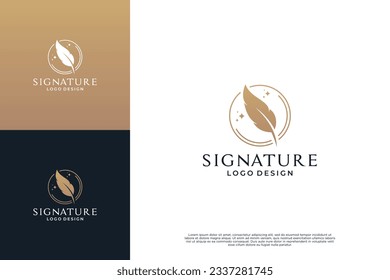 Quill signature logo design. Minimalist feather ink logo template.