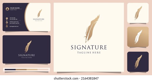 Quill Signature Logo Inspiration With Premium Business Card. Luxury Classic Quill Feather
