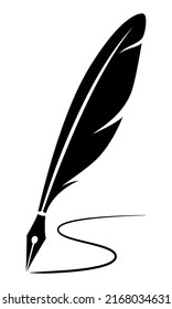 quill silhouette writing curves, black feather pen on a white background.