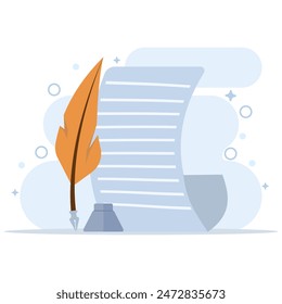 Quill Writing Concept On Object Icon. Isolated Premium Vector Paper Education. a quill pen in an educational scene with writing. Writer sign, theater icon. Icon elements. flat vector illustration.