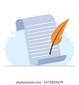 Quill Writing Concept On Object Icon. Isolated Premium Vector Paper Education. a quill pen in an educational scene with writing. Writer sign, theater icon. Icon elements. flat vector illustration.