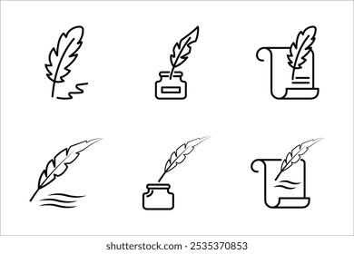 Quill writing vector icon set, classic stationery illustration isolated on white background.