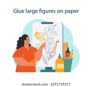 Quilling applique technique. Character gluing colored paper forms or figures on a cardboard. Hobby or art project with scissors, glue and colored paper. Flat vector illustration