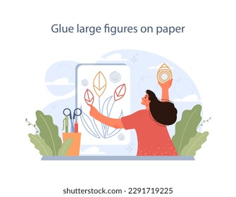 Quilling applique technique. Character gluing colored paper forms or figures on a cardboard. Hobby or art project with scissors, glue and colored paper. Flat vector illustration