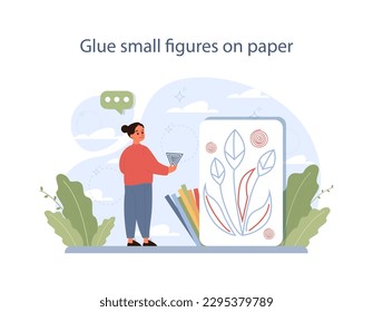 Quilling applique technique. Character gluing colored paper forms or figures on a cardboard. Hobby or art project with scissors, glue and colored paper. Flat vector illustration