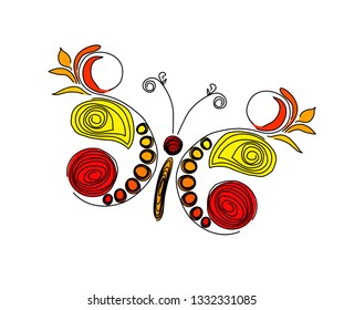 Quilling butterfly. Yellow-red butterfly in paper quilling technique. Summer cheerful mood. Designer Flying Butterfly