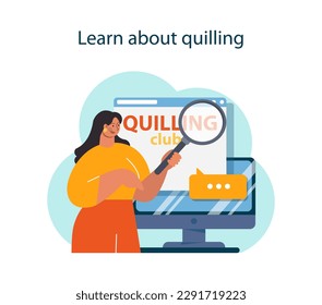 Quilling. Character learning about applique technique with colored paper line on a cardboard. Hobby or art project with scissors, glue and colored paper. Flat vector illustration
