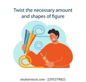 Quilling. Character makes applique figure with colored paper line on a cardboard. Hobby and creativity development. Art project with scissors, glue and colored paper. Flat vector illustration