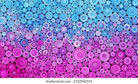 Steppender Papierhintergrund gefüllt mit gerollten Streifen in leuchtend blauen Rosatönen. Farbiger Hintergrund inspiriert von Steppkunst. Moderner Steppstil-Hintergrund aus gerollten Papierstreifen für modernes Design und Modedrucke. Lebhafter Hintergrund mit gerolltem Papier aus gedrehten Streifen für kreative Projekte und moderne handgemachte Ästhetik. Lebendige Kreise, die mit der Quilling-Technik erstellt wurden. Papier filigrane Hobby-Konzept. Vektorgrafik