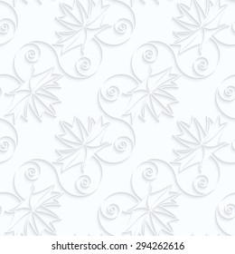 Quilling paper diagonal maple leaves with veins and spirals.White geometric background. Seamless pattern. 3d cut out of paper effect with realistic shadow.